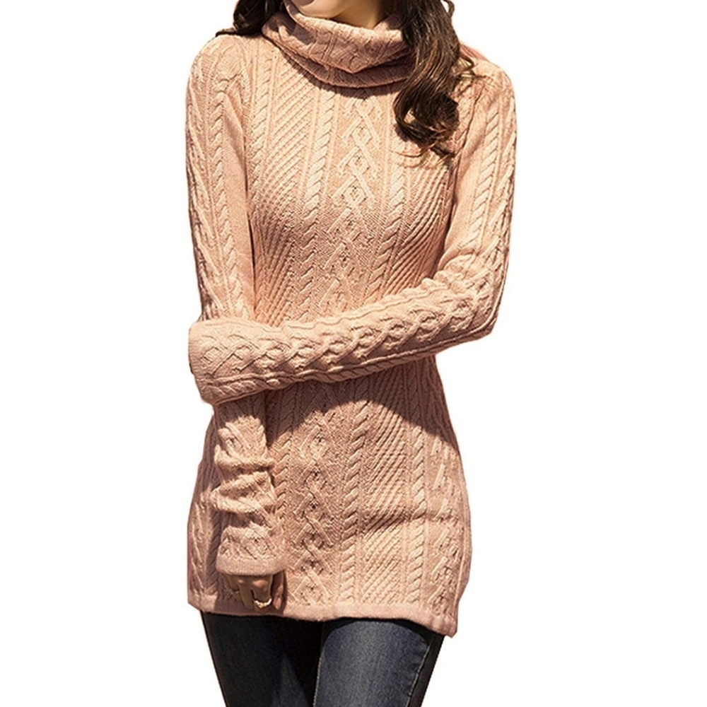 Polo Neck Long Slim Fitted Dress Bodycon Turtleneck CableKnit Sweater Small Pink
